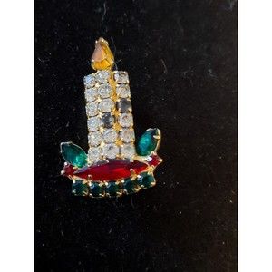 Christmas Candlestick Vintage Brooch Pin Rhinestones Red Green Clear Stones